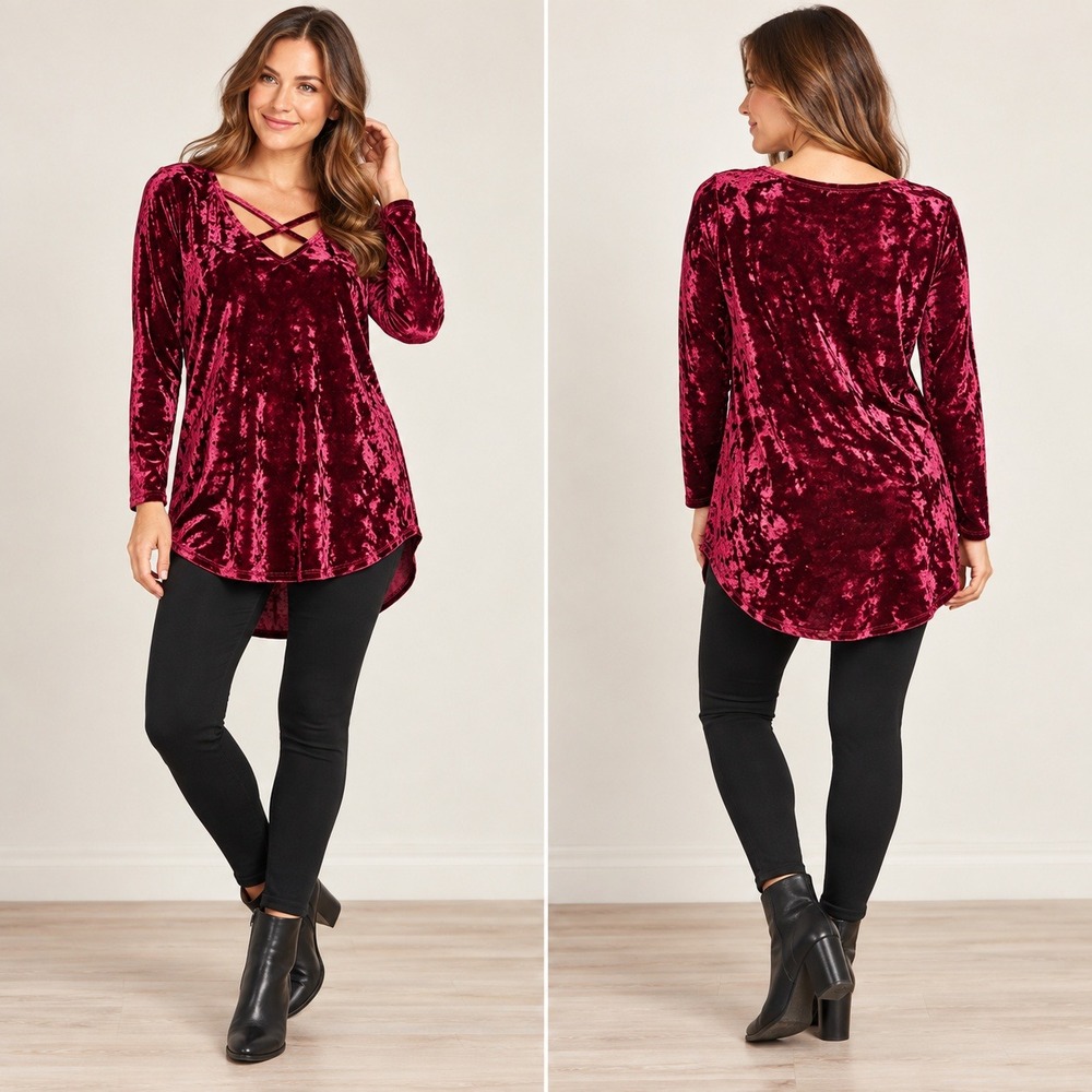 Burgundy Wine Crushed Velvet Long Sleeve Tunic Top Whimsigoth Holiday Sz Large